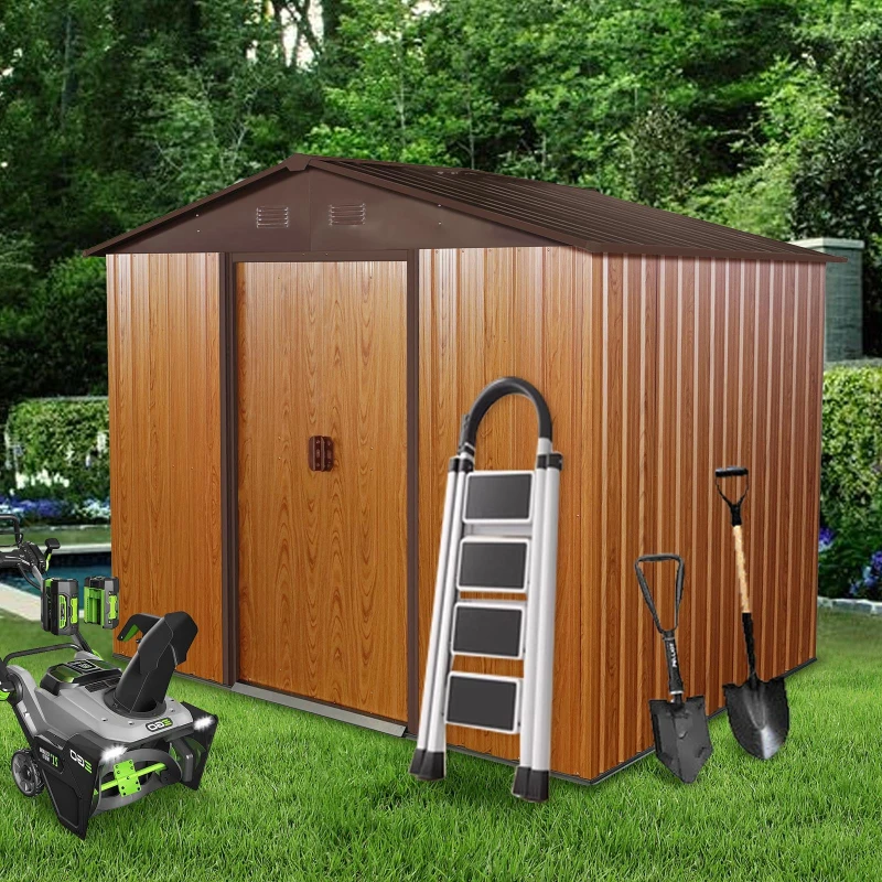 8 x 6 ft Outdoor Metal Storage Shed with Galvanized Steel Panels and Sliding Doors, Outbuilding for Backyard, 89" L x 64" W x 75" H, Coffee