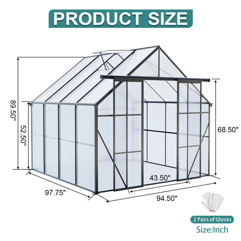 8 x 8 ft Double Door Polycarbonate Greenhouse with Galvanized Base, Walk-in Hothouse for Backyard, 94.5" L x 98" W x 89.5" H, Black