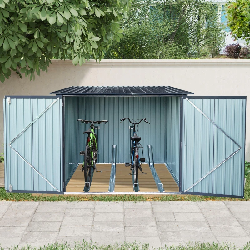Outdoor Steel Storage Shed for Bicycles with Slope Roof and 4 Bike Tracks, Outbuilding for Garden Hobbyists, 81'' L x 76'' W x 64'' H, Black