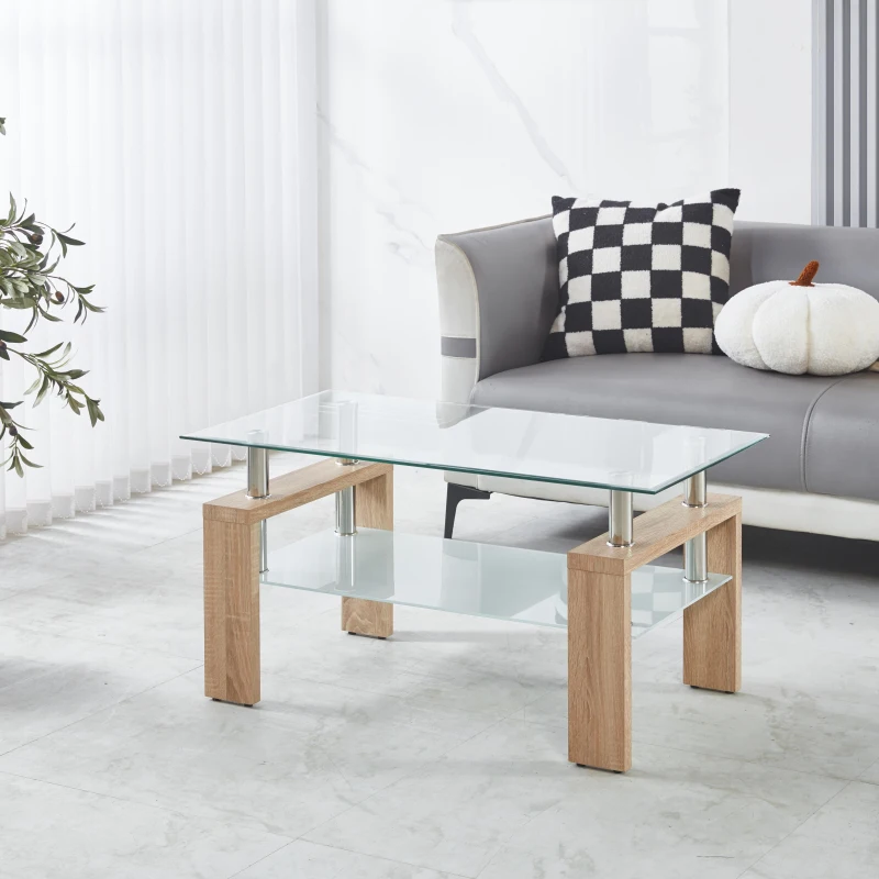 Tempered Glass Coffee Table with Geometric Design, Metal Tubular Legs, Durable Centre Desk for Living Room, 35" L x 19" W x 16.5" H, Natural