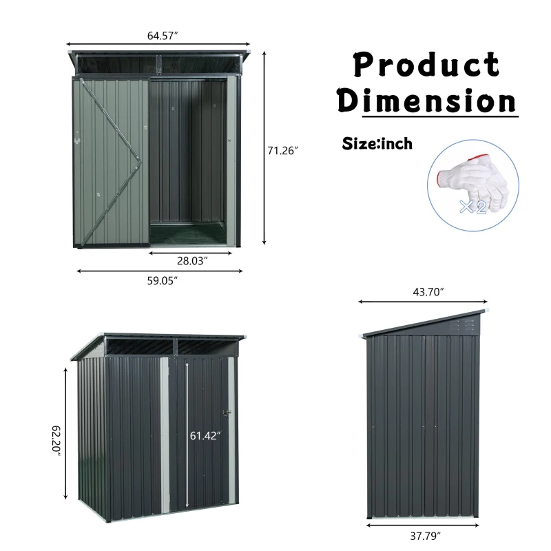 Outdoor Metal Storage Shed with Transparent Panel, Galvanized Construction, Storage Hut ideal for Backyard, 64.5'' L x 43.5'' W x 71.5'' H, Gray