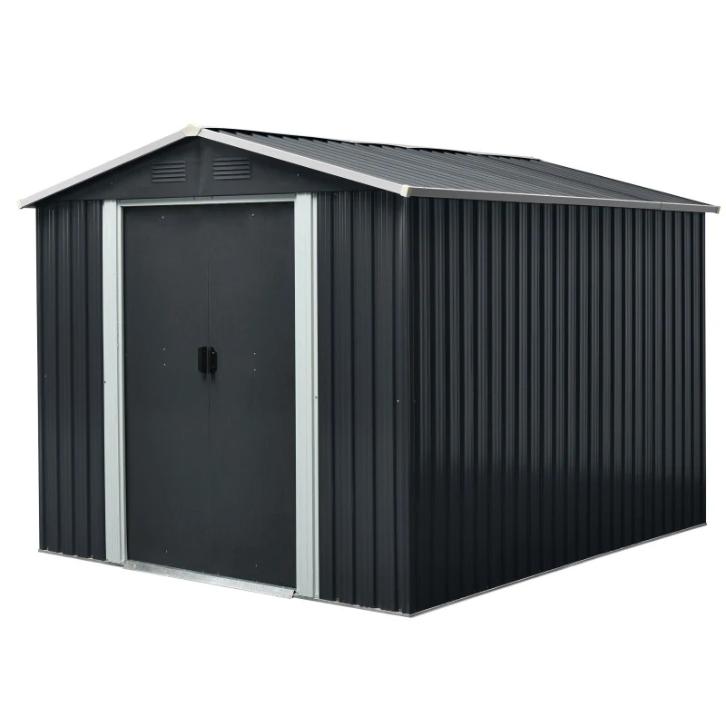 8 x 10 ft Outdoor Metal Storage Shed with Metal Foundation, Robust Construction, Outbuilding for Garden, 89" L x 115" W x 75" H, Black