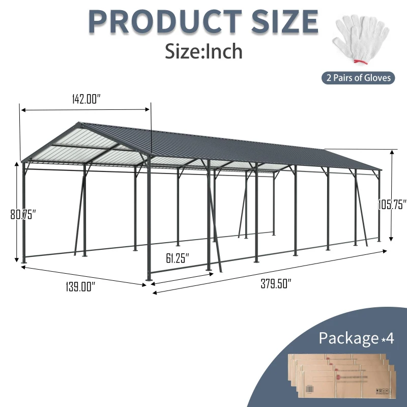 Heavy Duty Metal Carport with Galvanized Steel Roof and Frame, Large Garage with 4 Fixed Supports, 142" L x 379.5" W x 106" H, Charcoal