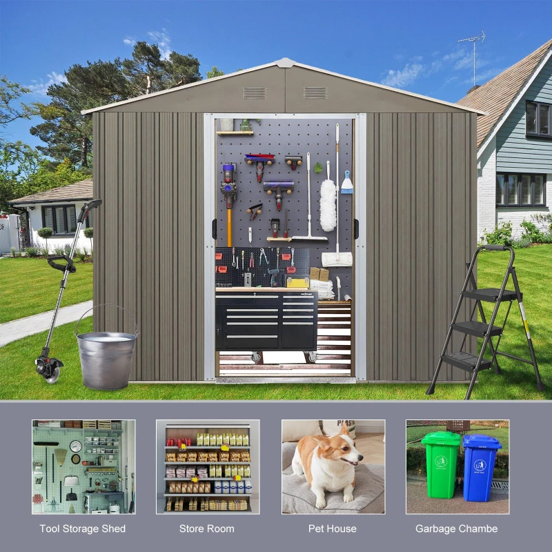 8 x 10 ft Outdoor Metal Storage Shed with Metal Foundation, Sliding Doors, Outbuilding for Garden Hobbyists, 89" L x 114.5" W x 75" H, Gray