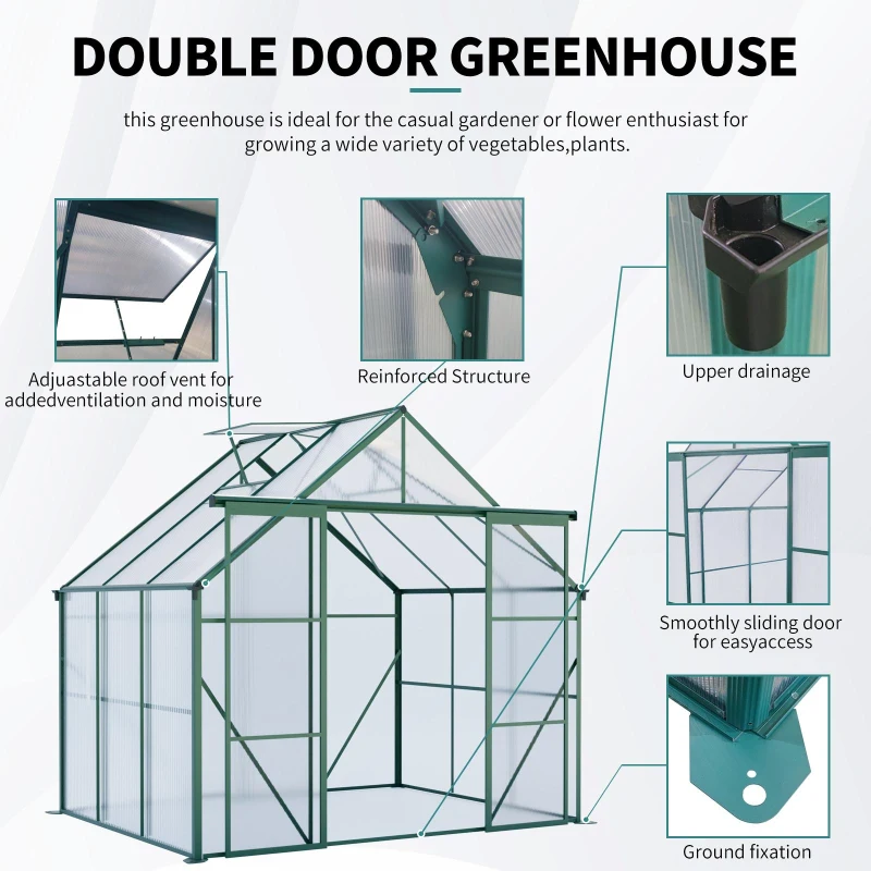 Walk-in Polycarbonate Greenhouse with Double Sliding Doors, Galvanized Base, Heavy Duty Hothouse for Plant, 94.5" L x 74" W x 89.5" H, Green