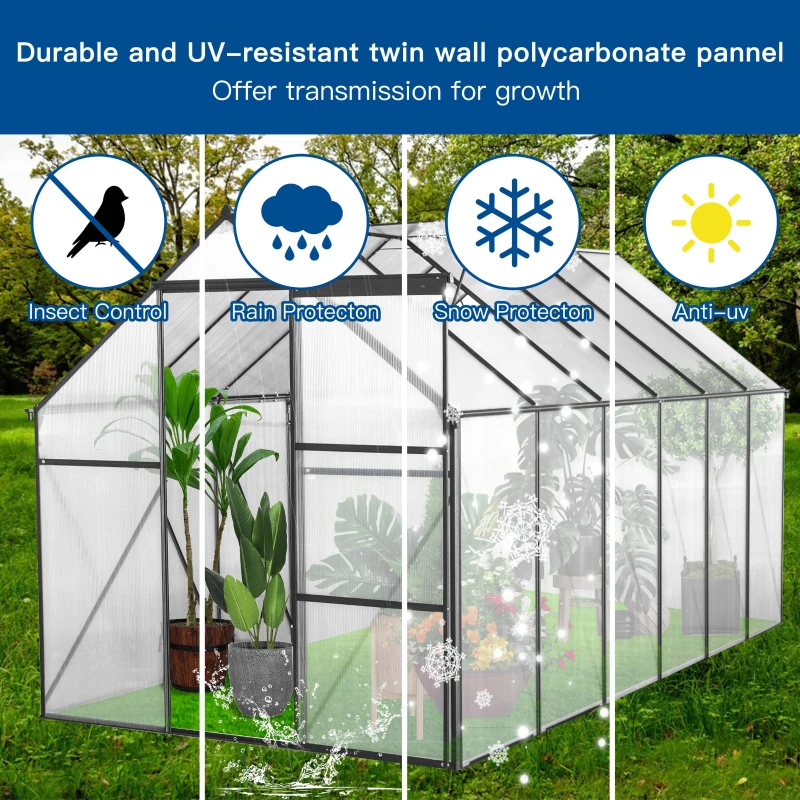 Polycarbonate Walk-in Greenhouse with Sliding Door and Adjustable Roof, Heavy Duty Aluminum Hothouse for Plant, 75" L x 146" W x 77" H, Black