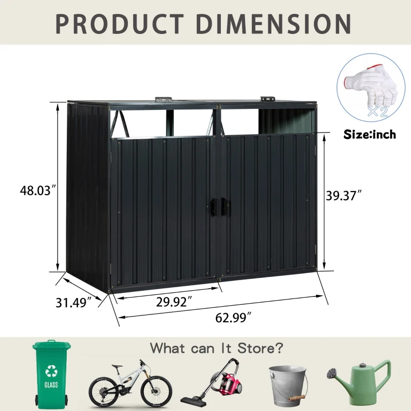 Metal Garbage Bin Shed with Convenient Lid and Springs, Galvanized Steel Outdoor Storage for 2 Trash Cans, 63'' L x 31.5'' W x 48'' H, Charcoal