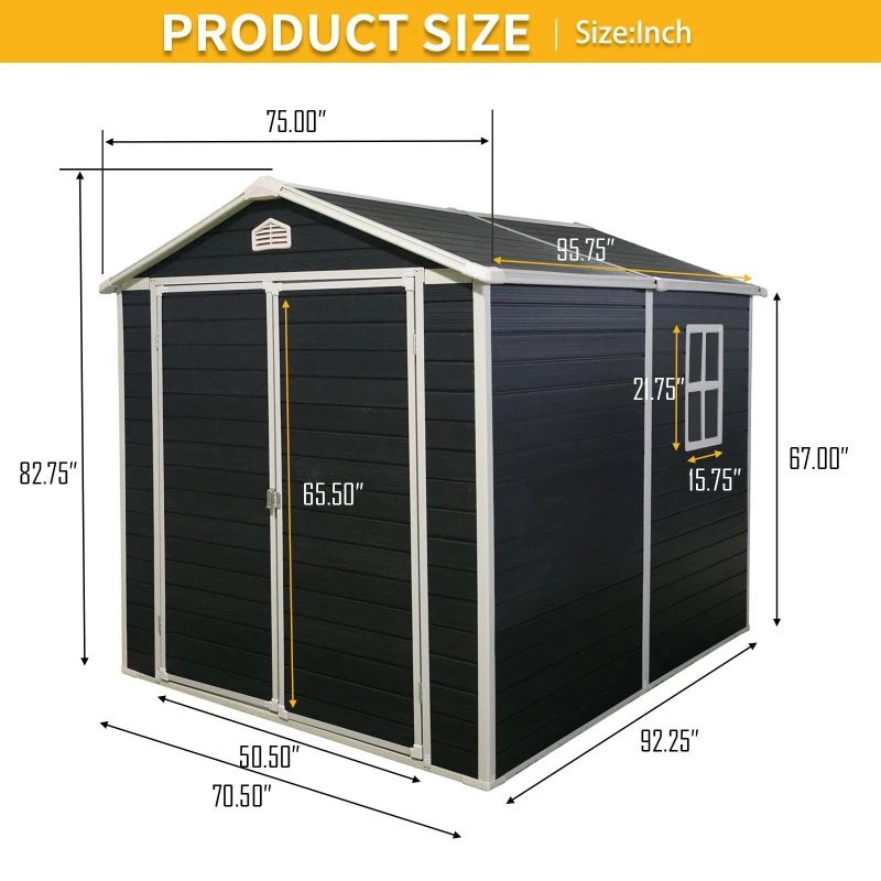 Resin Outdoor Storage Shed Kit with Pad-Lockable Double Doors, Storage Hut with Heavy-Duty Construction, 75'' L x 95.5'' W x 82.5'' H, Black