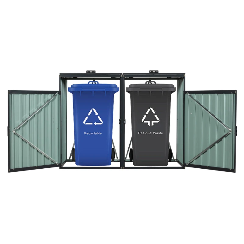 Metal Garbage Bin Shed with Convenient Lid and Springs, Galvanized Steel Outdoor Storage for 2 Trash Cans, 63'' L x 31.5'' W x 48'' H, Charcoal