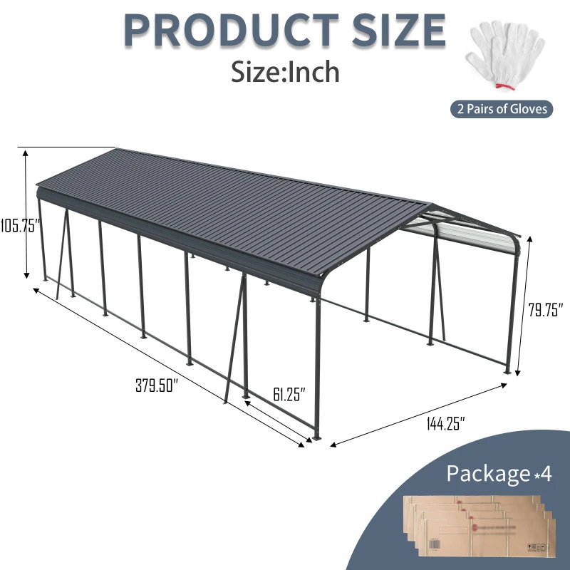 Heavy Duty Carport with Galvanized Steel Roof and Frame, Large Garage Ideal for Cars and Trucks, 144'' L x 379.5'' W x 105.5'' H, Charcoal