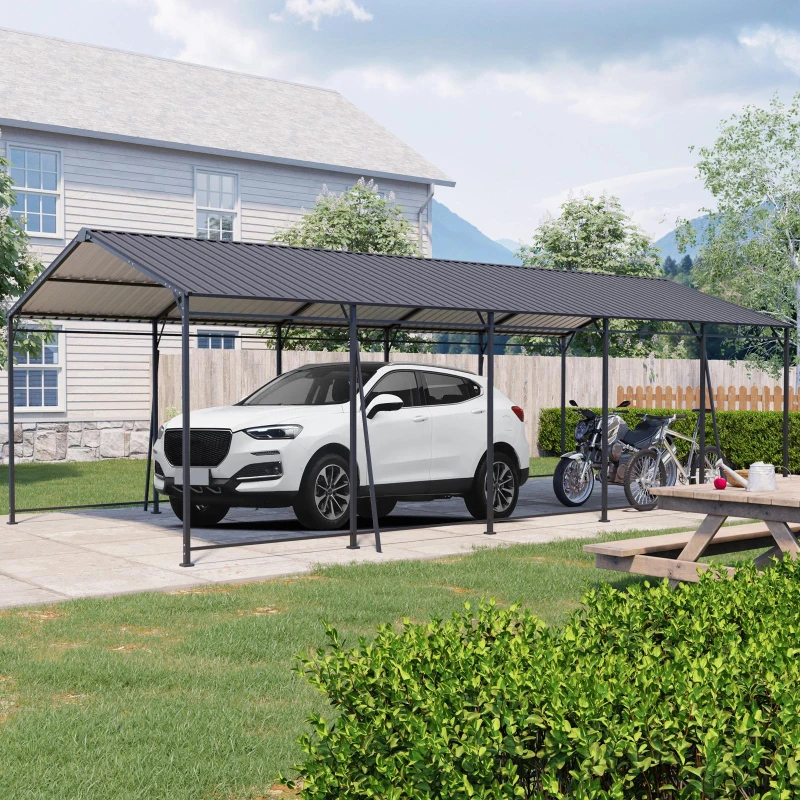Heavy-Duty Outdoor Metal Carport with Galvanized Steel Roof, Large Garage Ideal for Cars and Trucks, 153.5'' L x 317'' W x 105.5'' H, Charcoal
