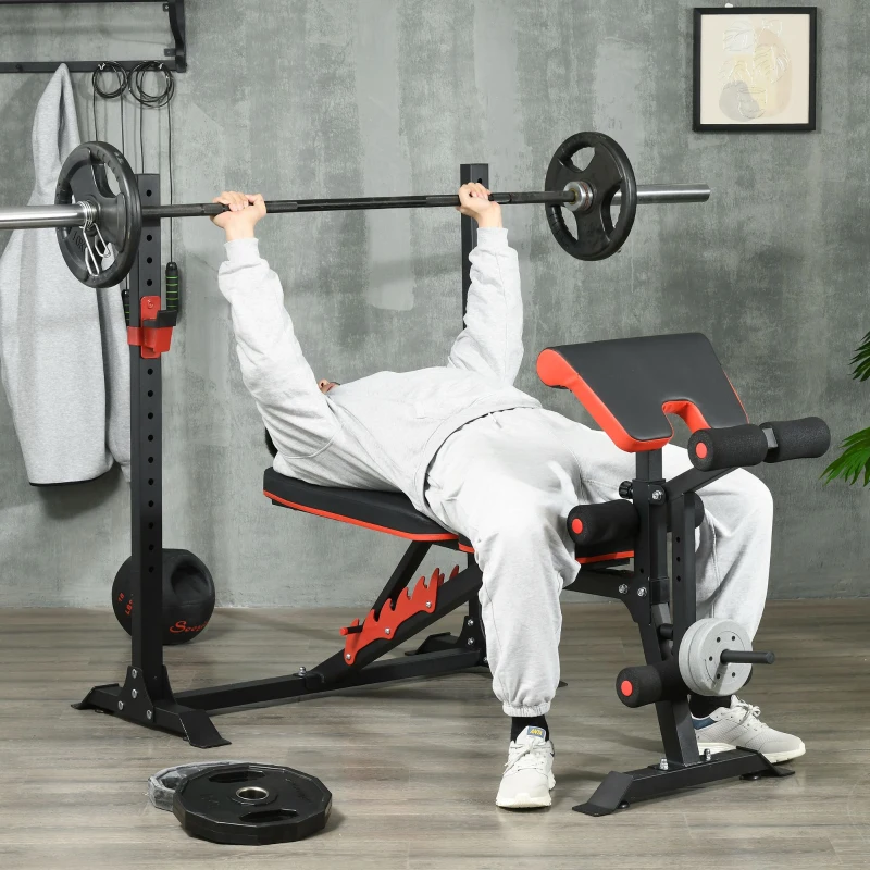 Soozier Adjustable Weight Bench with Squat Rack, Preacher Curl Pad and Leg Developer, Home Gym Bench for Full Body Workout