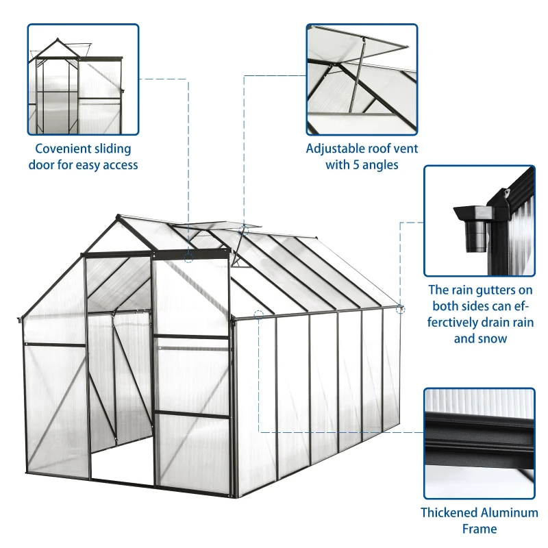 Polycarbonate Walk-in Greenhouse with Sliding Door and Adjustable Roof, Heavy Duty Aluminum Hothouse for Plant, 75" L x 146" W x 77" H, Black