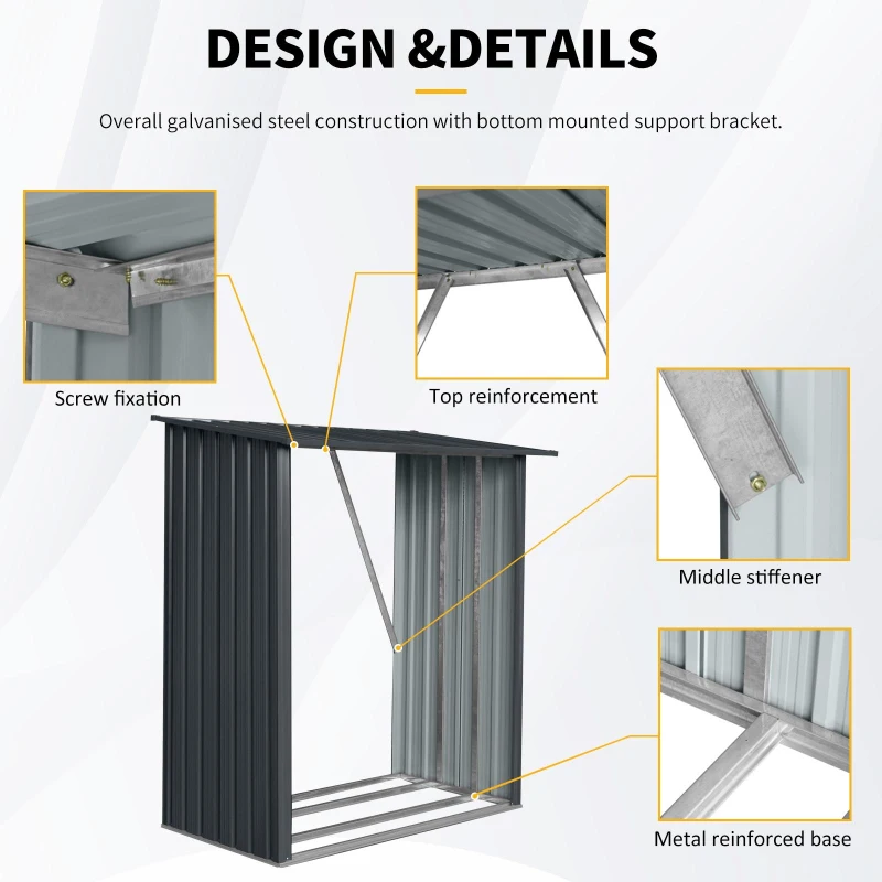 Outdoor Galvanized Steel Firewood Rack with Sloped Roof, Open Wood Shed Perfect for Firewood Storage, 64'' L x 35'' W x 60.5'' H, Black
