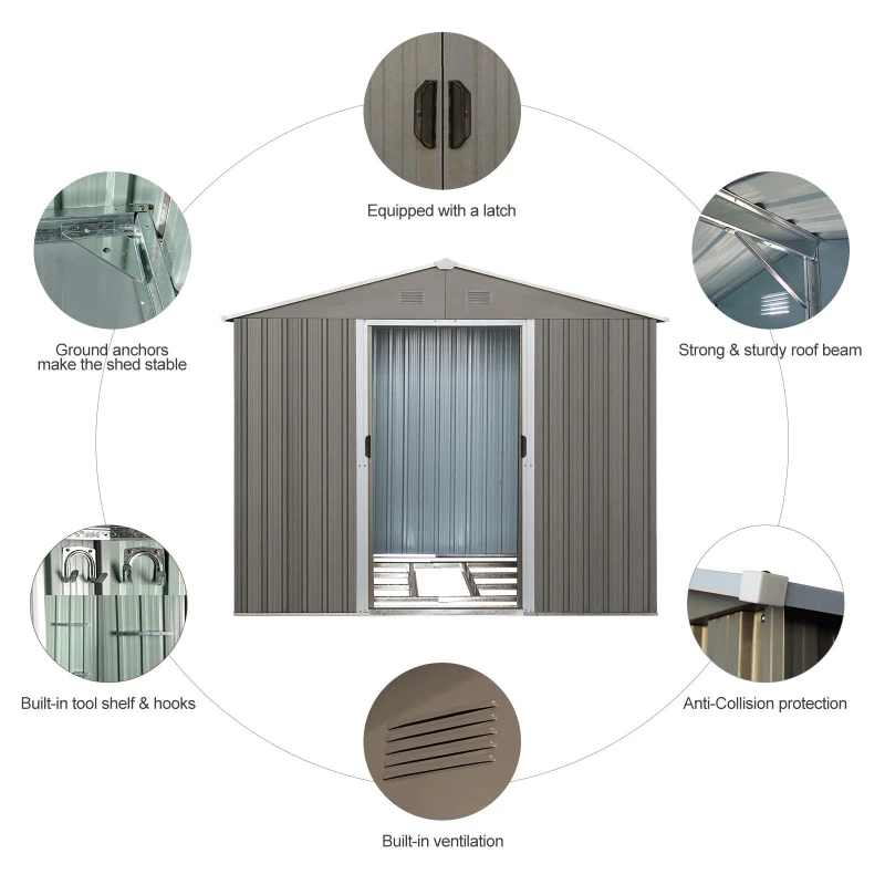8 x 10 ft Outdoor Metal Storage Shed with Metal Foundation, Sliding Doors, Outbuilding for Garden Hobbyists, 89" L x 114.5" W x 75" H, Gray