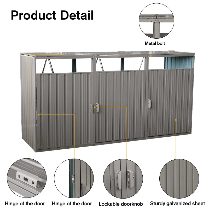 Metal Garbage Bin Shed with Doors and Lockable Handles, Trash Can Shed Perfect for Outdoor Storage, 94.5'' L x 31.5'' W x 48'' H, Grey
