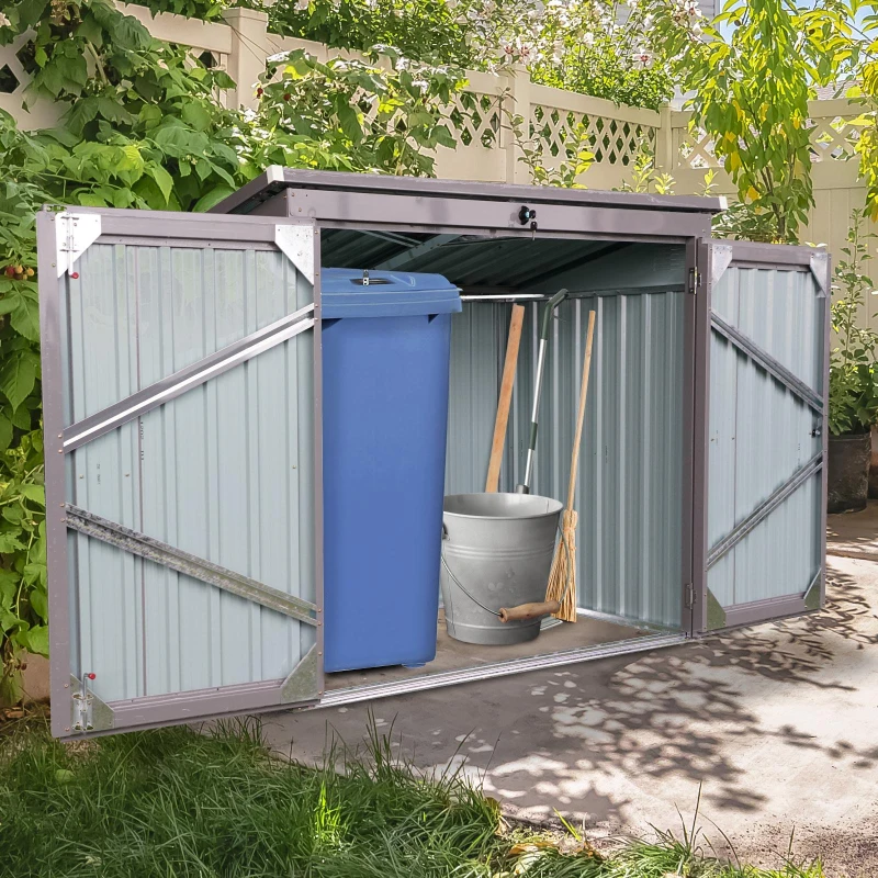 Metal Garbage Bin Shed with Sloped Roof and Lockable Door, Trash Can Shed Perfect for Outdoor Storage, 62'' L x 40'' W x 52.5'' H, Gray
