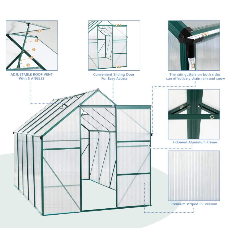 Polycarbonate Walk-in Greenhouse with Sliding Door and Adjustable Roof, Hothouse with Duty Aluminum Frame, 75'' L x 122.5'' W x 77'' H, Green