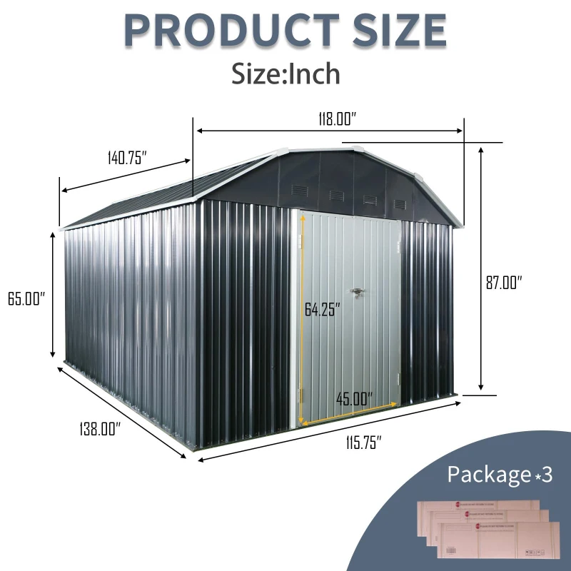 10 x 12 ft Outdoor Metal Storage Shed with Arch Roof and Lockable Double Doors, Outbuilding for Backyard, 118" L x 141" W x 87" H, Black