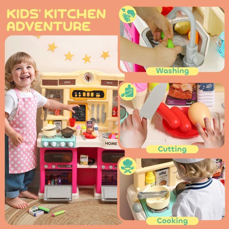 Qaba Play Kitchen Set, Kids Kitchen Playset with Real Lights and Sounds, Sink, Stove, Clock, Accessories, Pink
