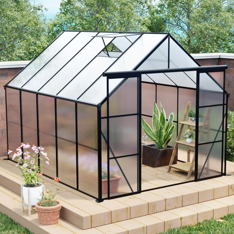 Double Door Polycarbonate Greenhouse with Galvanized Base, Adjustable Roof, Walk-in Hothouse for Backyard, 94.5" L x 121" W x 89.5" H, Black