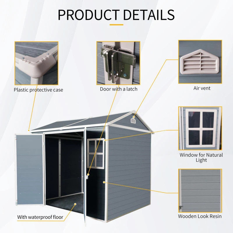 Resin Outdoor Storage Shed with Floor, Lockable Door and Windows, Waterproof Outbuilding for Backyard, 96" L x 75" W x 85" H, Grey