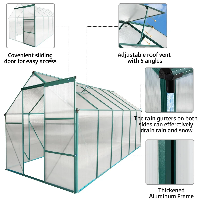 Polycarbonate Walk-in Greenhouse with Sliding Door and Adjustable Roof, Hothouse with Duty Aluminum Frame, 75'' L x 146'' W x 77'' H, Green