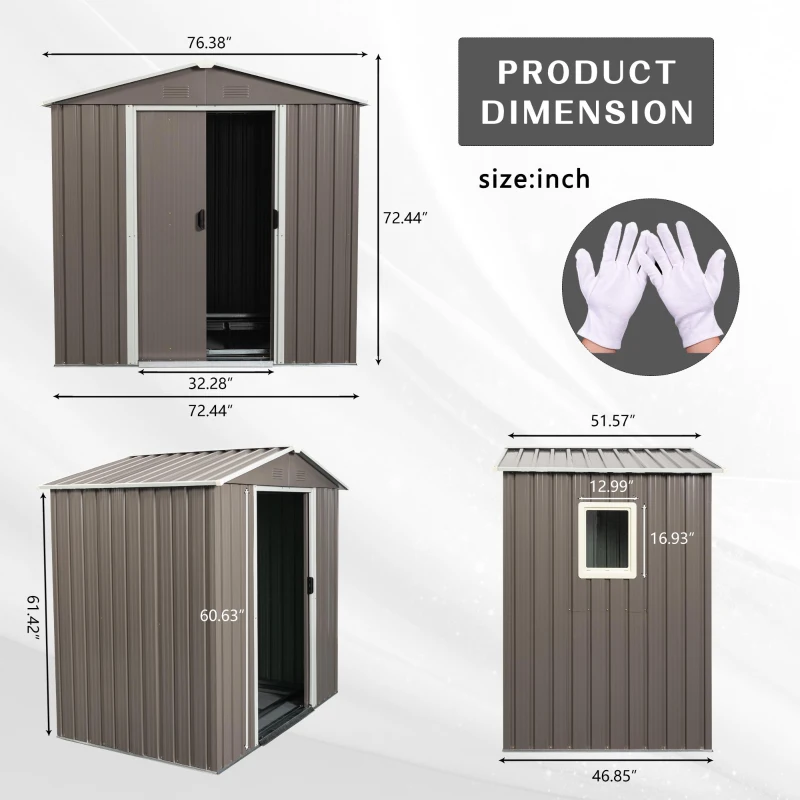 6 x 5 ft Outdoor Metal Storage Shed with Galvanized Steel Panels and Doors, Storage Hut ideal for Backyard, 76.5'' L x 51.5'' W x 72.5'' H, Gray