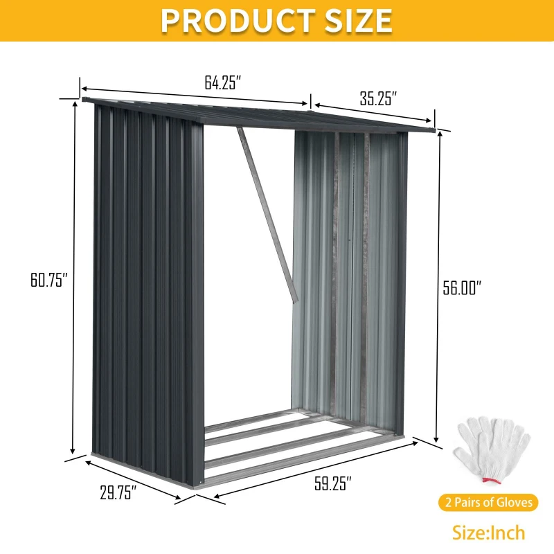 Outdoor Galvanized Steel Firewood Rack with Sloped Roof, Open Wood Shed Perfect for Firewood Storage, 64'' L x 35'' W x 60.5'' H, Black