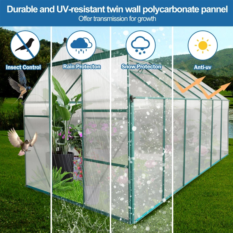 Polycarbonate Walk-in Greenhouse with Sliding Door and Adjustable Roof, Hothouse with Duty Aluminum Frame, 75'' L x 146'' W x 77'' H, Green