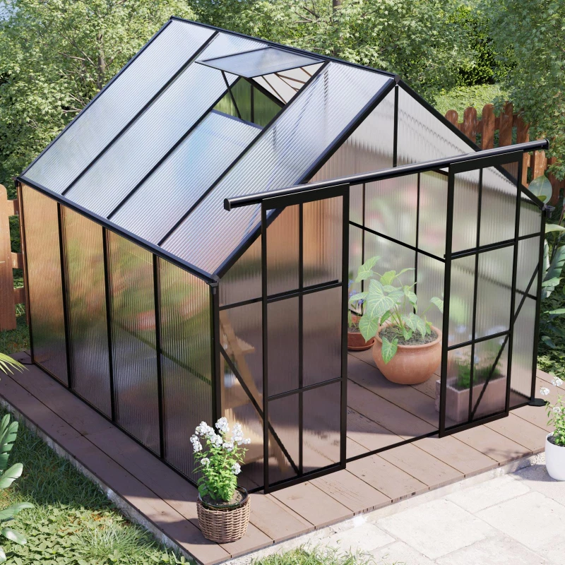 8 x 8 ft Double Door Polycarbonate Greenhouse with Galvanized Base, Walk-in Hothouse for Backyard, 94.5" L x 98" W x 89.5" H, Black