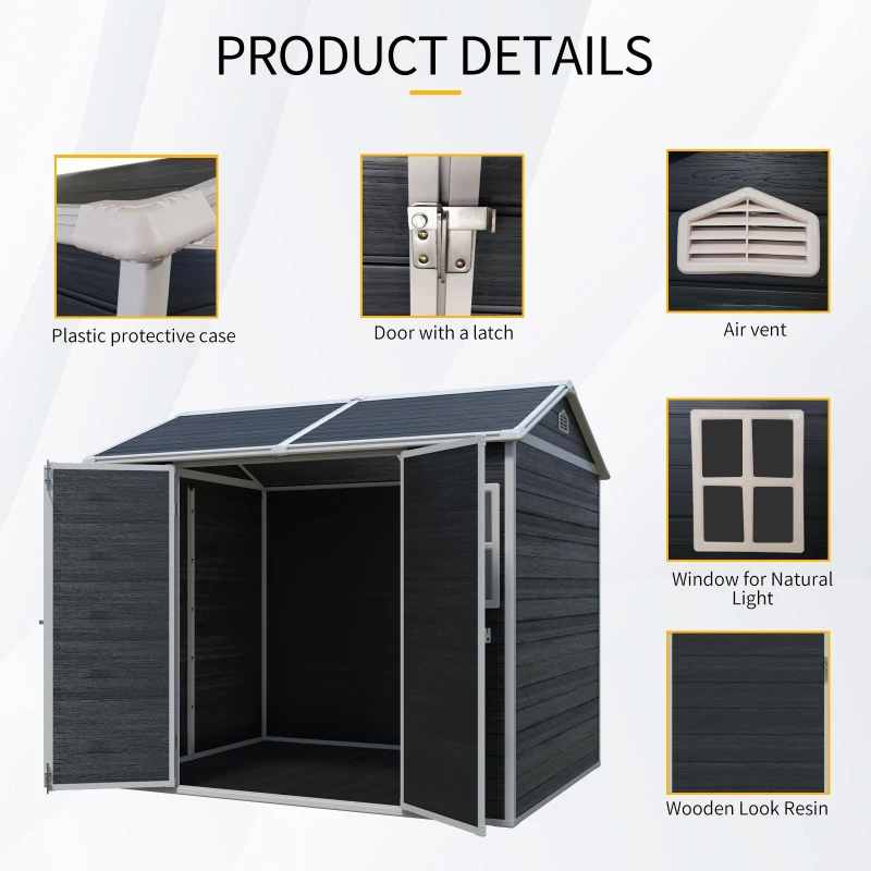 Resin Outdoor Storage Shed with Floor, Lockable Door and Windows, Outbuilding for Garden Hobbyists, 96'' L x 75'' W x 85'' H, Black
