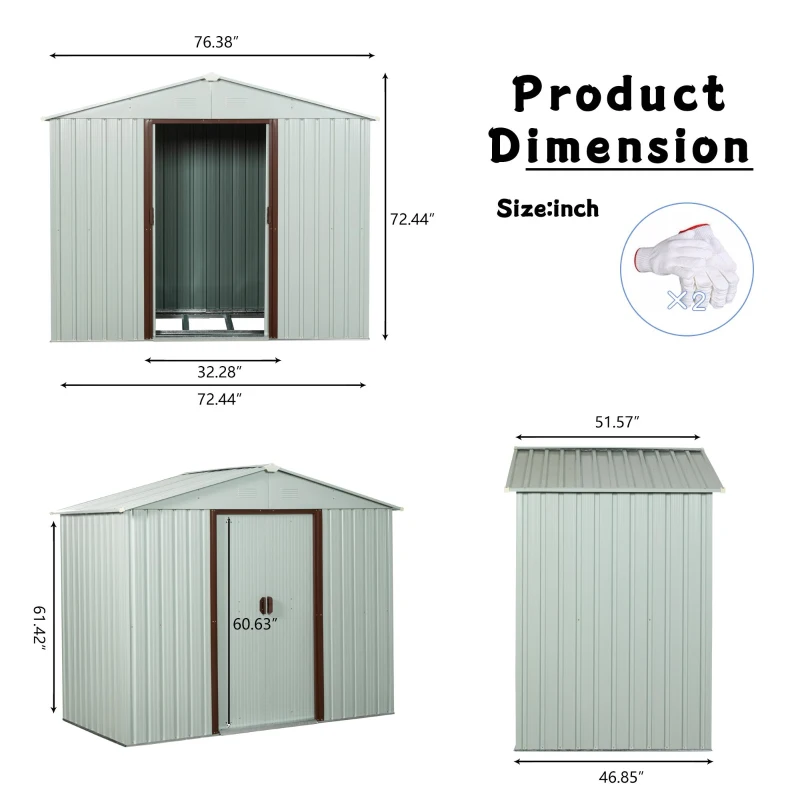 6 x 5 ft Outdoor Metal Storage Shed with Sliding Doors, Galvanized Steel, Outbuilding for Garden Hobbyists, 72.5" L x 47" W x 72.5" H, White