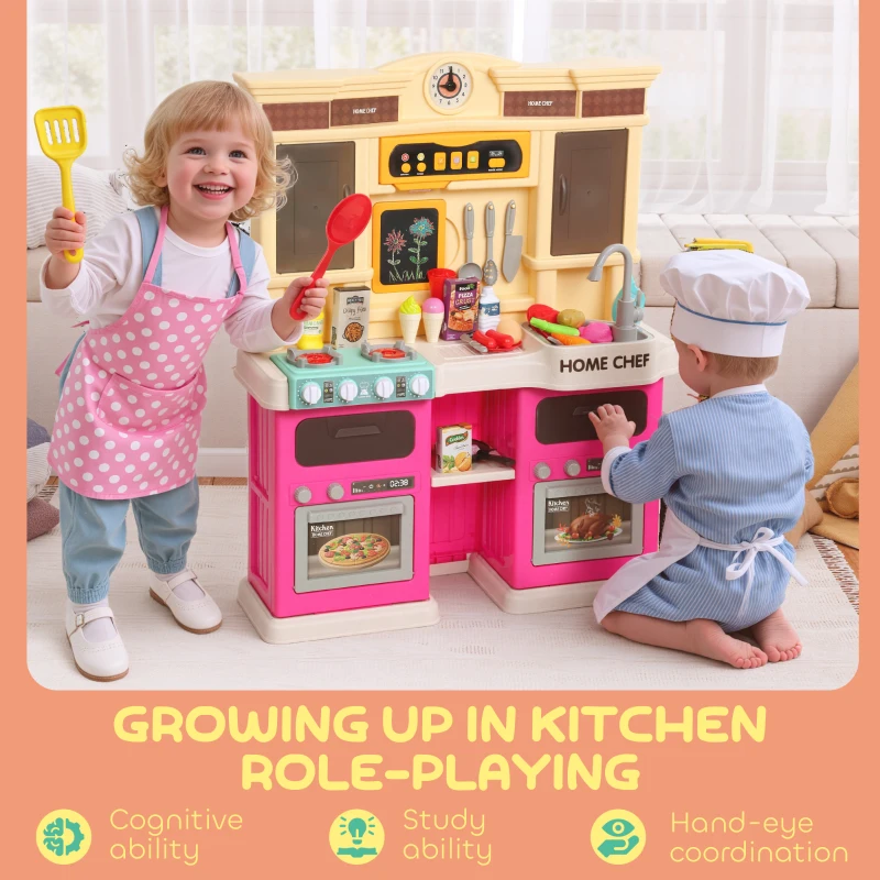 Qaba Play Kitchen Set, Kids Kitchen Playset with Real Lights and Sounds, Sink, Stove, Clock, Accessories, Pink