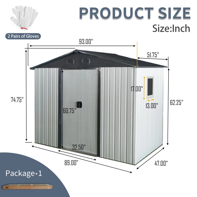 8 x 4 ft Outdoor Metal Storage Shed with Window, Lockable Door, Outbuilding for Garden Hobbyists, 93" L x 52" W x 75" H, White+Black