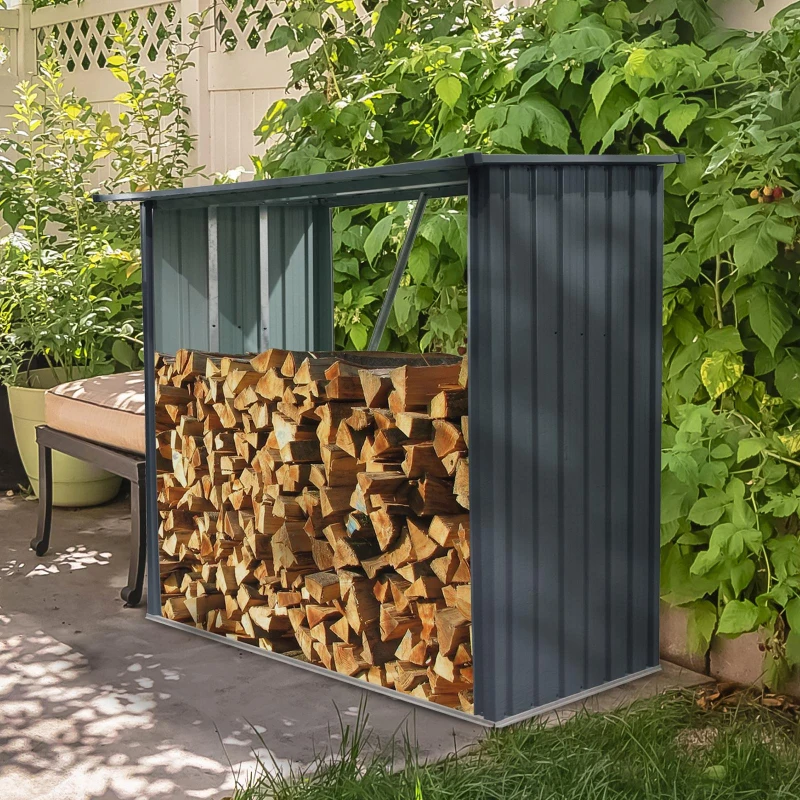 Outdoor Galvanized Steel Firewood Rack with Sloped Roof, Open Wood Shed Perfect for Firewood Storage, 85.5'' L x 35'' W x 60.5'' H, Black