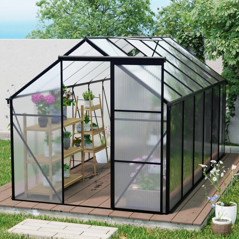 Polycarbonate Walk-in Greenhouse with Sliding Door and Adjustable Roof, Heavy Duty Aluminum Hothouse for Plant, 75" L x 146" W x 77" H, Black