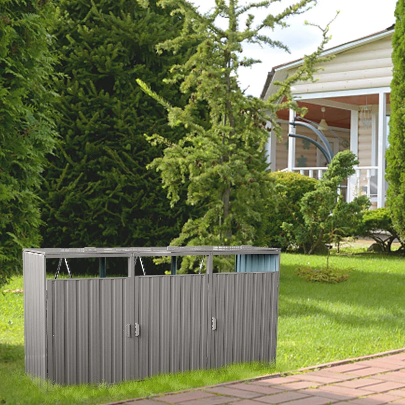 Metal Garbage Bin Shed with Doors and Lockable Handles, Trash Can Shed Perfect for Outdoor Storage, 94.5'' L x 31.5'' W x 48'' H, Grey