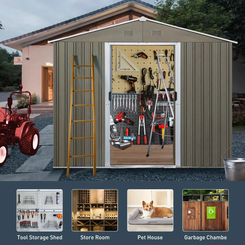Outdoor Metal Storage Shed with Robust Construction and Sliding Doors, Outbuilding for Garden Hobbyists, 93'' L x 68.5'' W x 75'' H, Grey