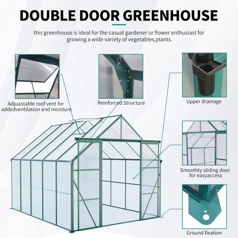 Double Door Polycarbonate Greenhouse with Galvanized Base and Adjustable Roof, Walk-in Hothouse for Plant, 94.5" L x 121" W x 89.5" H, Green