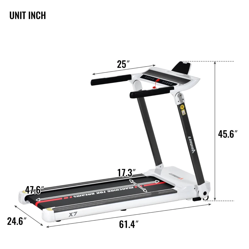 Portable Compact Treadmill with 3.5HP Motor, Bluetooth Speaker, Foldable Running Machine for Home Gym, 61.5" L x 24.5" W x 45.5" H, White