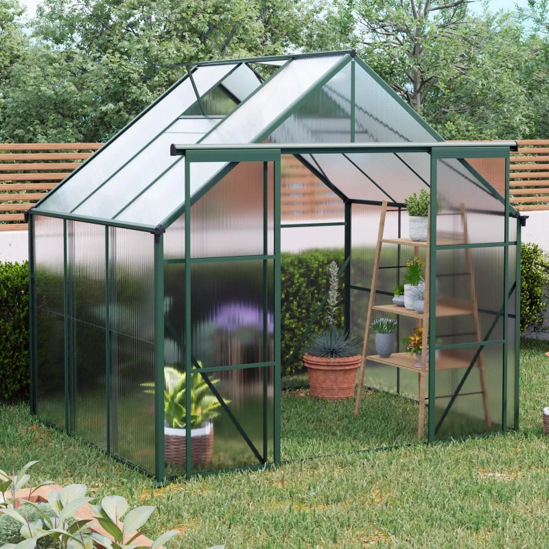 Walk-in Polycarbonate Greenhouse with Double Sliding Doors, Galvanized Base, Heavy Duty Hothouse for Plant, 94.5" L x 74" W x 89.5" H, Green