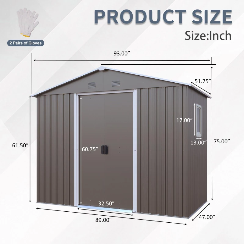 8 x 4 ft Outdoor Metal Storage Shed with Pad-lockable Sliding Doors, Storage Hut with Galvanized Steel Panels, 93'' L x 51.5'' W x 75'' H, Gray