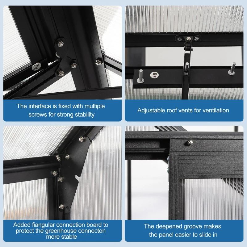 Polycarbonate Walk-in Greenhouse with Galvanized Base and Sliding Door, Heavy Duty Aluminum Hothouse for Plant, 75" L x 122.5" W x 77" H, Black