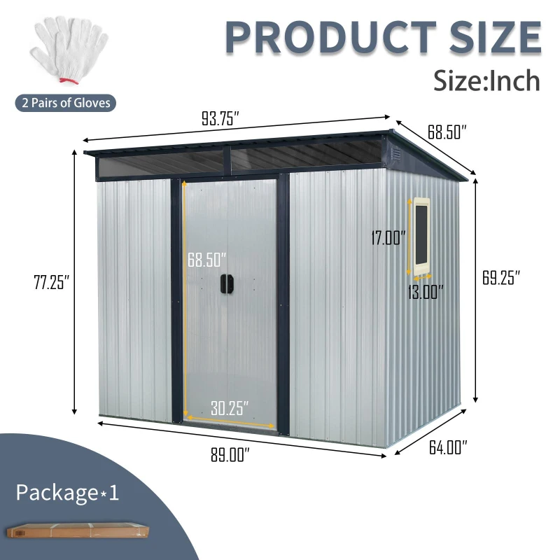 8 x 6 ft Outdoor Weatherproof Metal Storage Shed with Window, Galvanized Steel Tool Room for Garden, 93.5'' L x 68.5'' W x 77'' H, White+Black