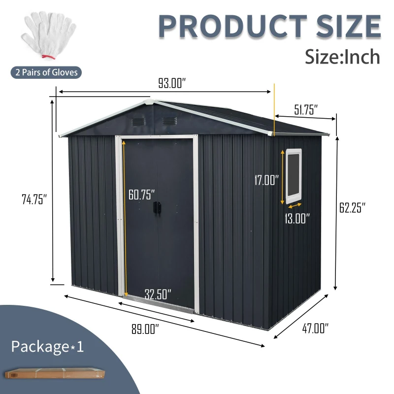 8 x 4 ft Outdoor Metal Storage Shed with Door and Metal Foundation, Storage Hut ideal for Backyard, 93'' L x 51.5'' W x 74.5'' H, Black+White