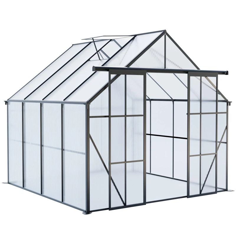 8 x 8 ft Double Door Polycarbonate Greenhouse with Galvanized Base, Walk-in Hothouse for Backyard, 94.5" L x 98" W x 89.5" H, Black