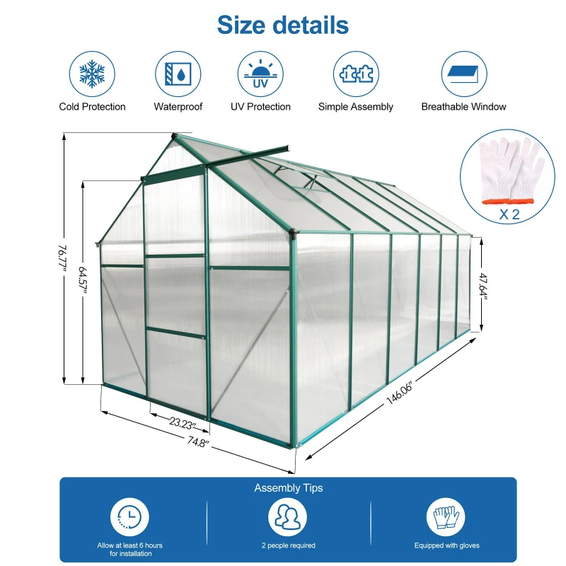 Polycarbonate Walk-in Greenhouse with Sliding Door and Adjustable Roof, Hothouse with Duty Aluminum Frame, 75'' L x 146'' W x 77'' H, Green