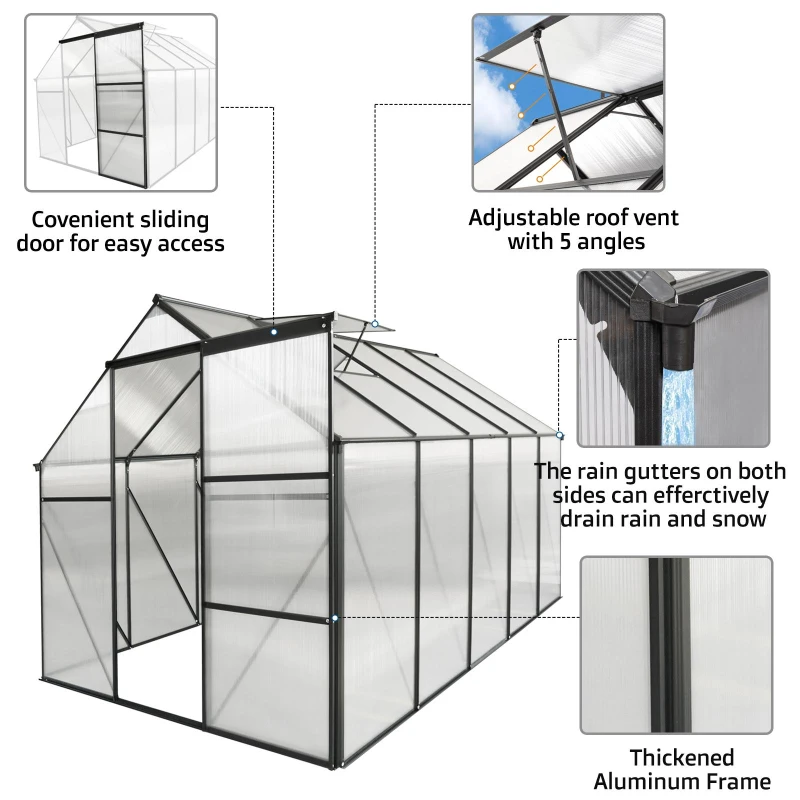 Polycarbonate Walk-in Greenhouse with Galvanized Base and Sliding Door, Heavy Duty Aluminum Hothouse for Plant, 75" L x 122.5" W x 77" H, Black