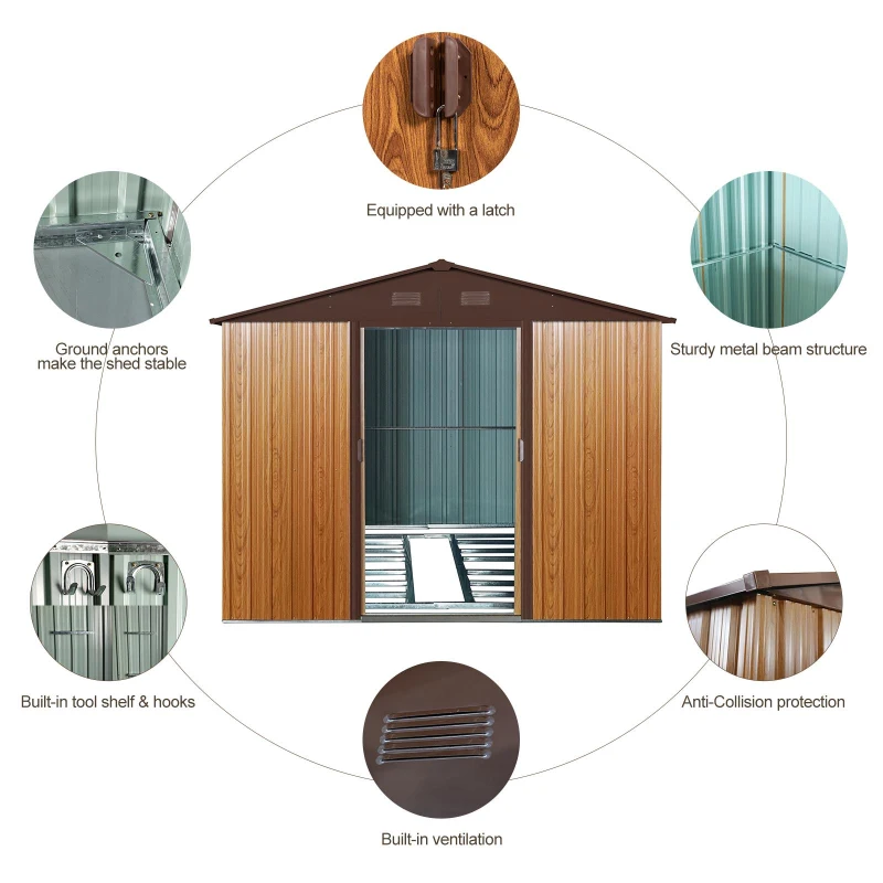 8 x 10 ft Outdoor Metal Storage Shed with Metal Foundation, Sliding Doors, Outbuilding for Garden Hobbyists, 89" L x 114.5" W x 75" H, Coffee